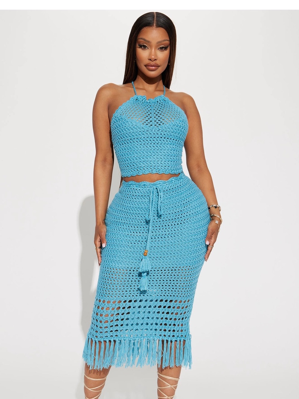 Fashion Nova Sky Blue Crochet Fringe Midi Skirt